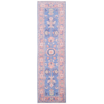 Afghan Serapi runner with hand-knotted wool pile in eye-catching colours of blue & pink geometricised floral design.