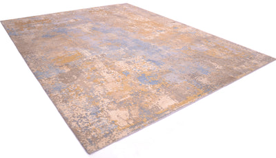 Finely knotted Indian carpet with high -low pile textured with pure wool pile   with areas of handcut silk in golden and cream tones. Abstract modern design with sky cloud natural colours.