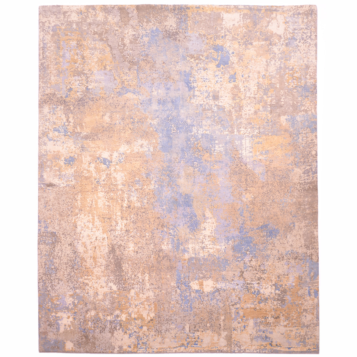 Twilight Serenity carpet: abstract modern rug with soft colours of blues, greys, golds, and ivory cream and soft greys. Wool and silk pile in high-low texture.