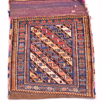 Antique khorjin rug square panel with central diagonal lattice in blue, rust, and cream