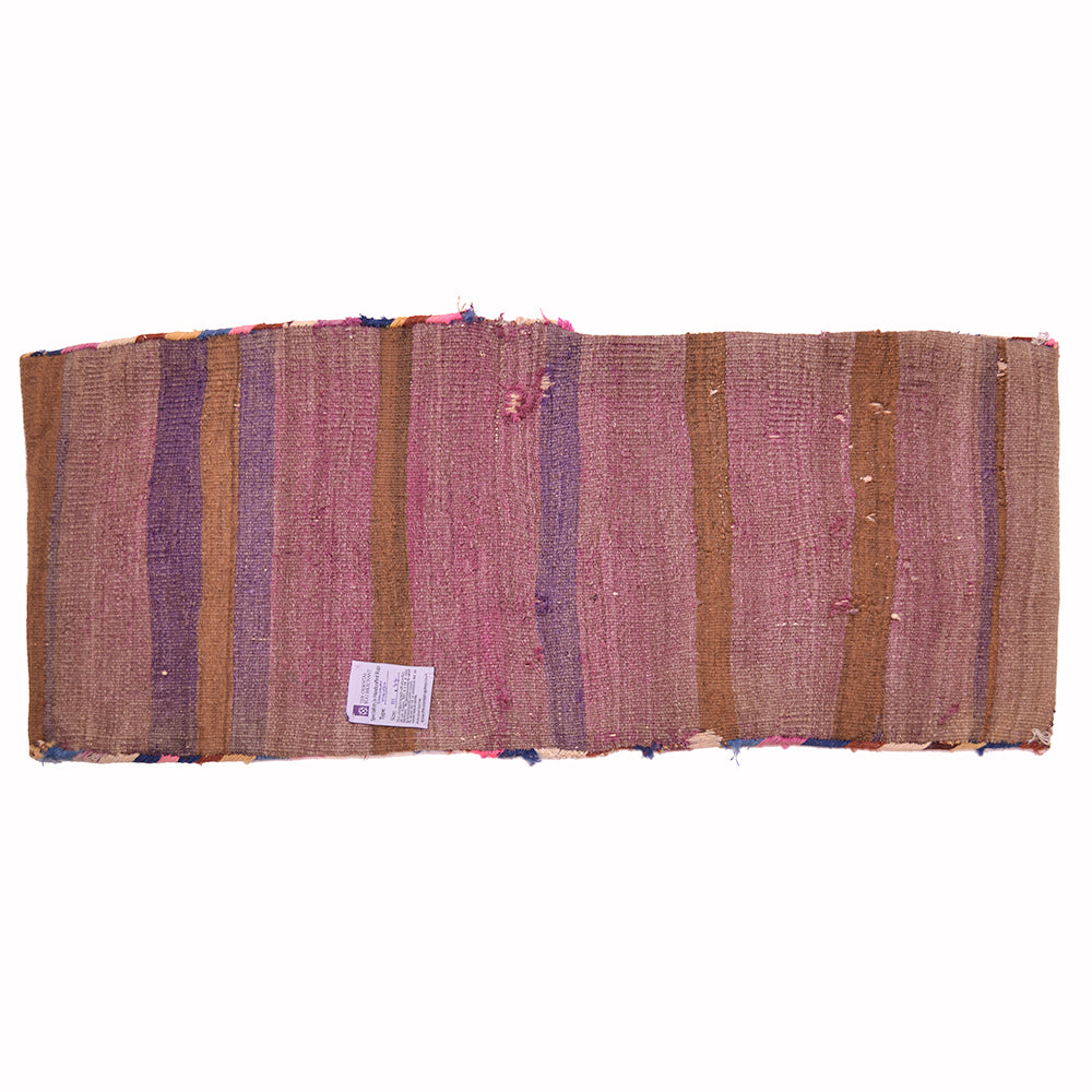 Antique khorjin textile, vertical striped weave in maroon, purple, and brown