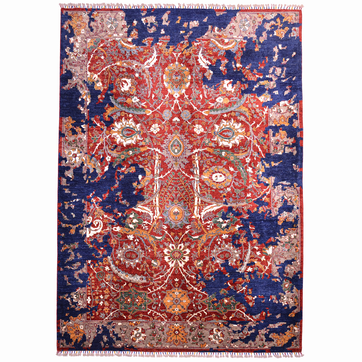 Handmade Modern Sickle-Leaf carpet with transitional fragmented floral design in colours of red, blue and grey.