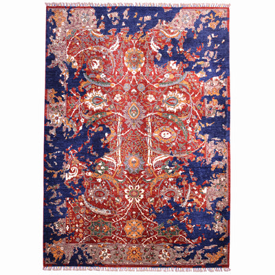 Handmade Modern Sickle-Leaf carpet with transitional fragmented floral design in colours of red, blue and grey.