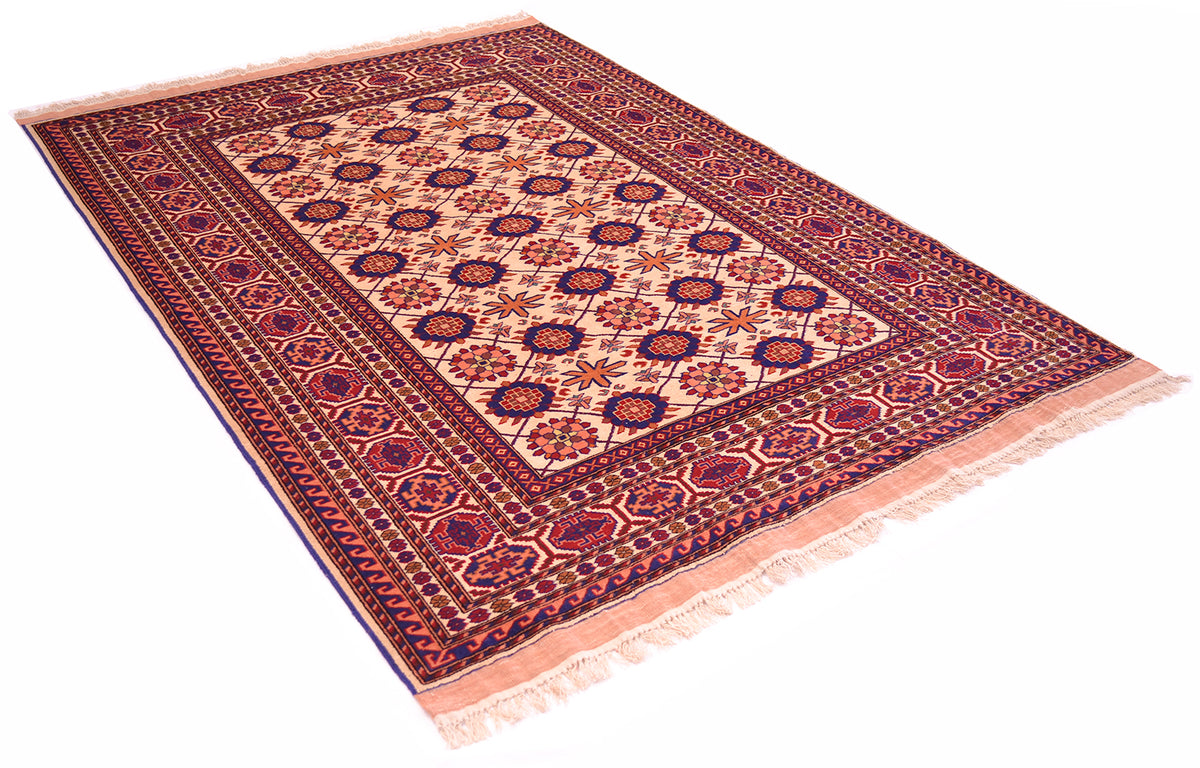 Kabul silk and wool fine rug laid flat at an angle, red border and cream patterned center
