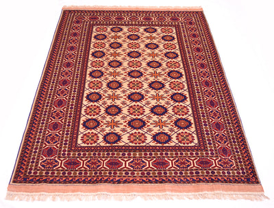 Kabul silk and wool fine rug with cream background, red tones, and blue star-and-flower pattern