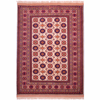 Kabul silk and wool fine rug with cream field, red border, and blue geometric medallions