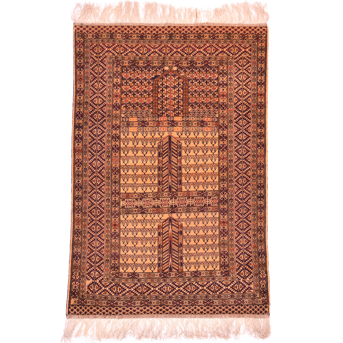 Fine silk warp Afghan rug with tribal Ensi design in gold-beige with numerous additional detail colours including black, brown, orange, and terracotta.