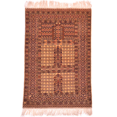 Fine silk warp Afghan rug with tribal Ensi design in gold-beige with numerous additional detail colours including black, brown, orange, and terracotta.