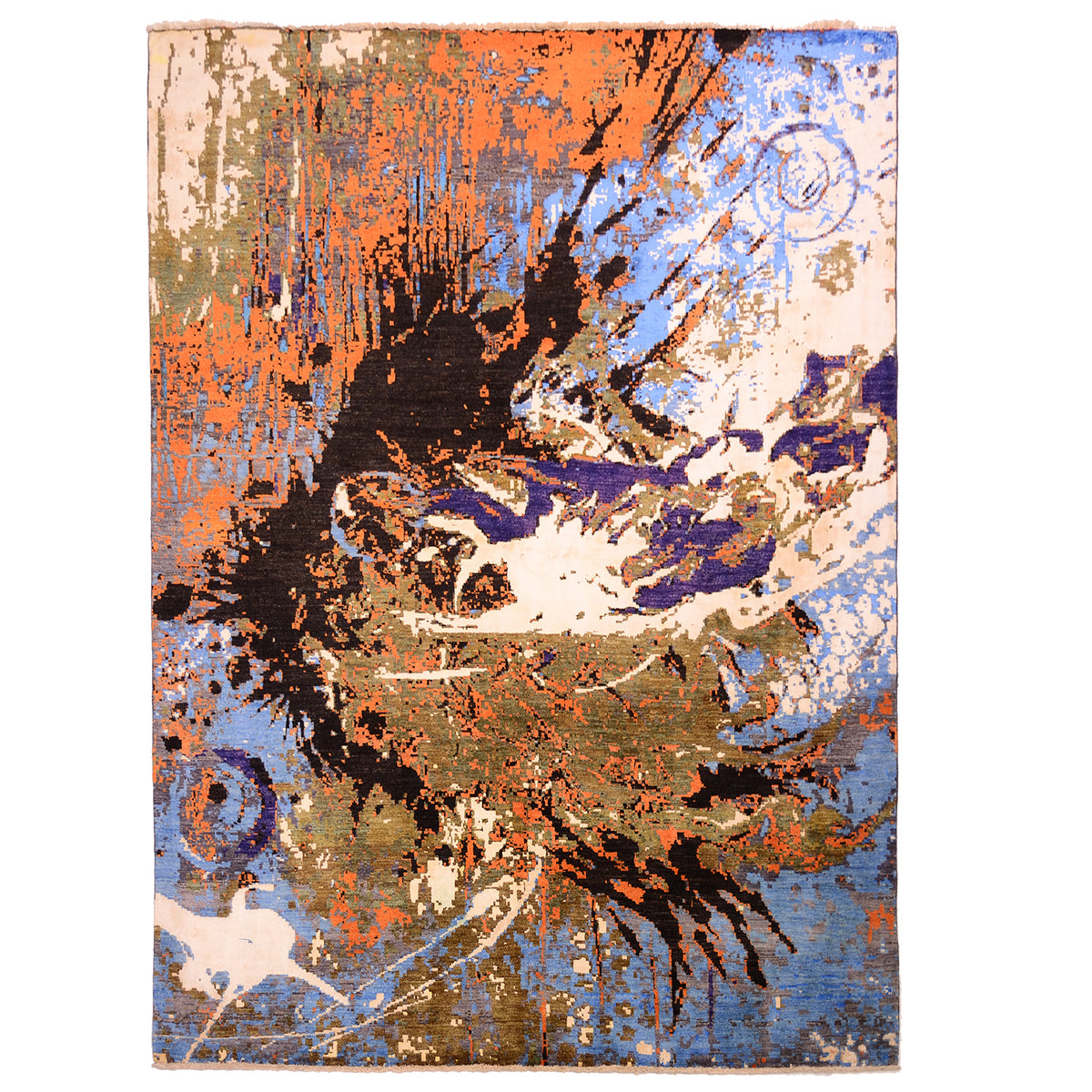 Handmade Abstract Splash Carpet with modern design in colours of orange, blue, black, white, and olive.