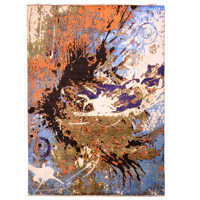Handmade Abstract Splash Carpet with modern design in colours of orange, blue, black, white, and olive.