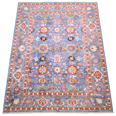 Traditional Sultanabad Afghan design with a stunning light blue ground colour with additonal colours of red, gold , green and terracotta. Magnficent border with cloudband and unfurling leaves. 