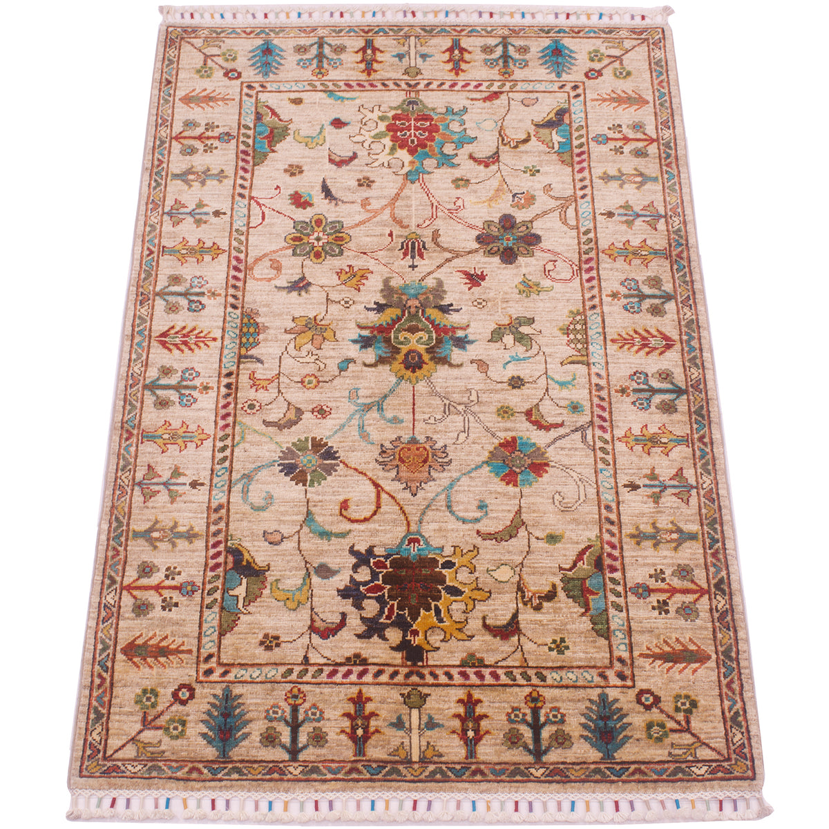 Traditional design handmade Afghan Sultani rug with beige field with all over floral design with modern colours and network of connecting flowerheads and sectioned flowers.