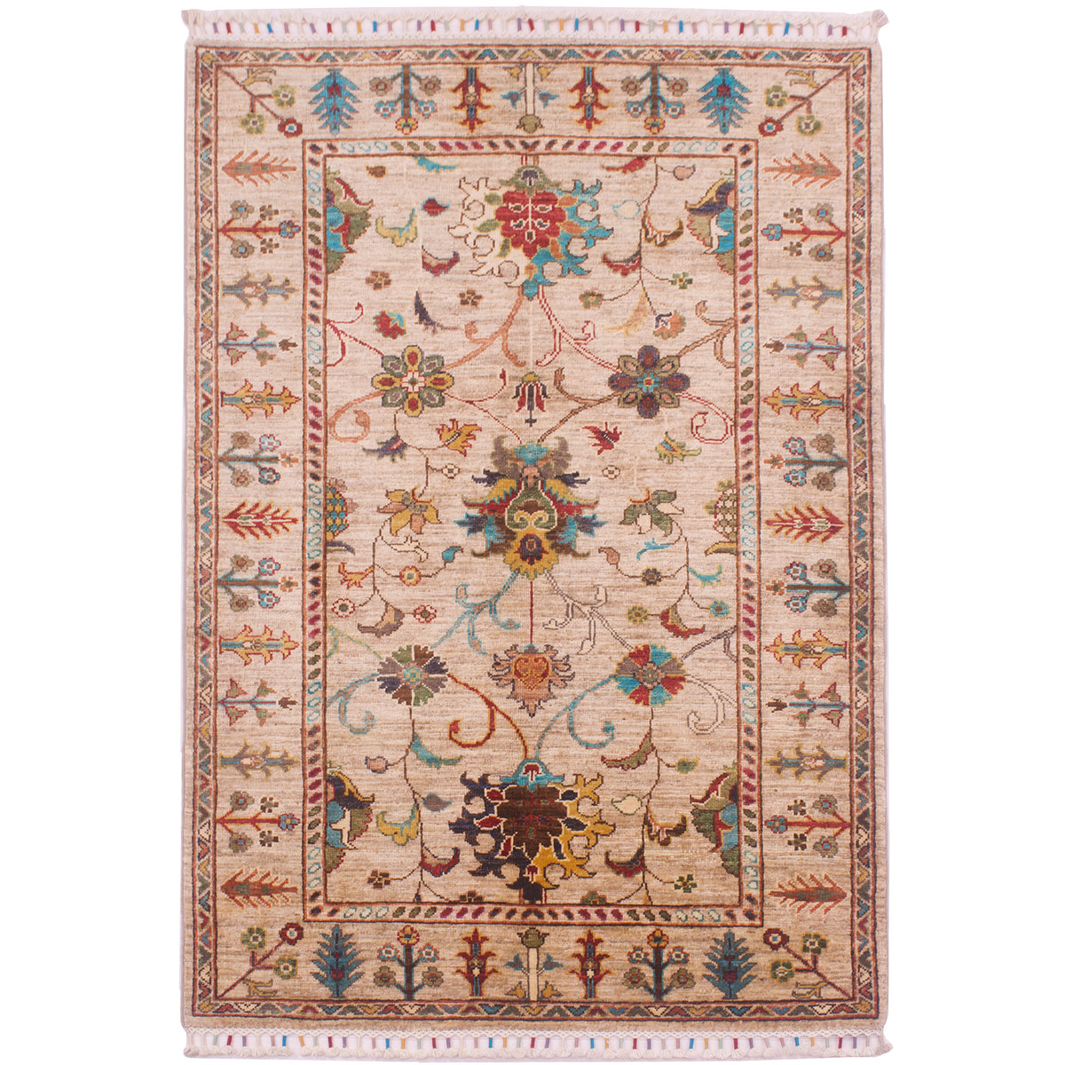 Hand-knotted Afghan Sultani design rug with  coluorful floral design contrasting with a beige/stone main field colour.