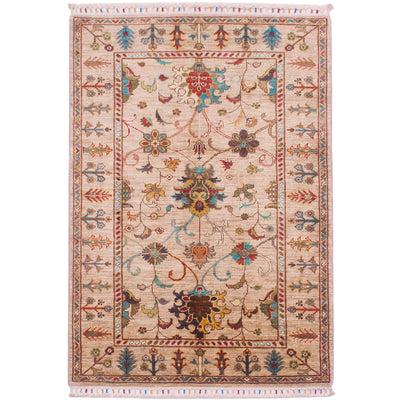 Hand-knotted Afghan Sultani design rug with  coluorful floral design contrasting with a beige/stone main field colour.