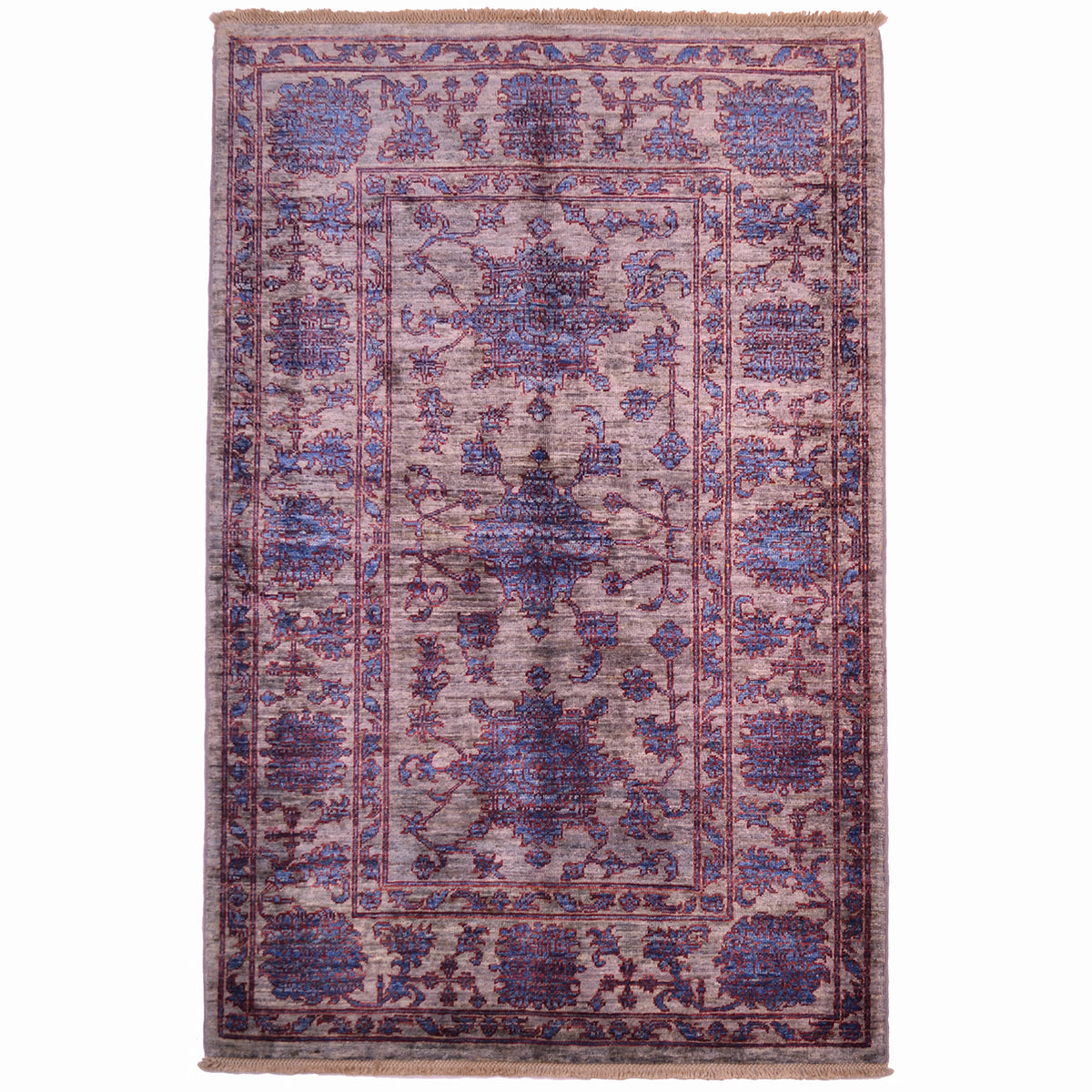 Afghan Sultani rug with stunning colours including a light pewter grey background with blue floral design outlined in red.