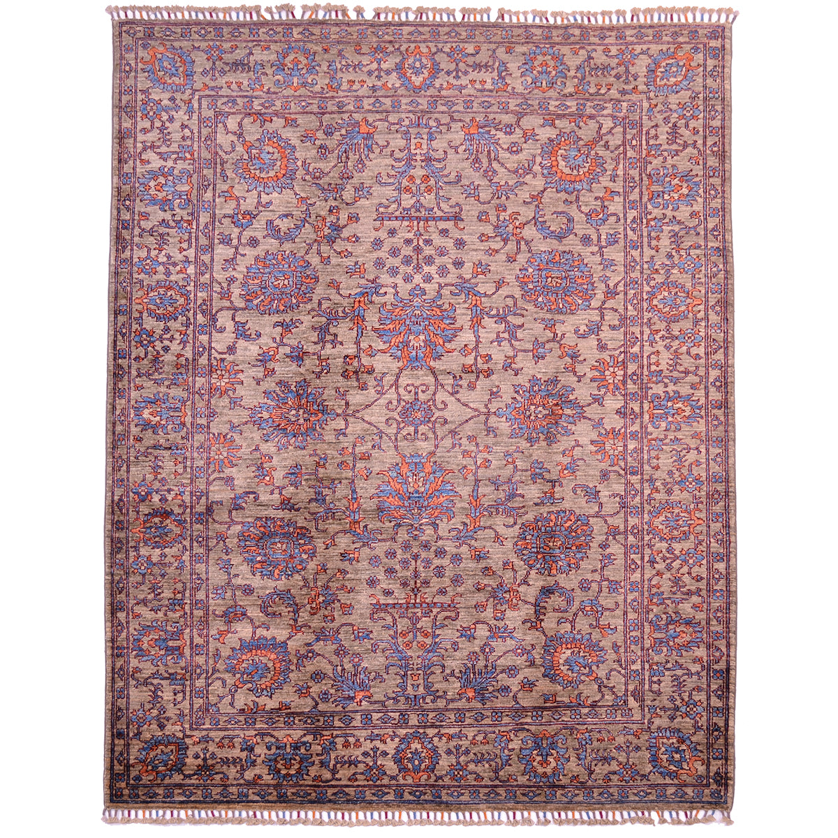 Fine Sultani rug with floral theme and all over palmette motifs on a grey-brown ground with detail shades of blue and orange/ terracotta.