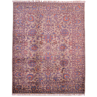 Fine Sultani rug with floral theme and all over palmette motifs on a grey-brown ground with detail shades of blue and orange/ terracotta.