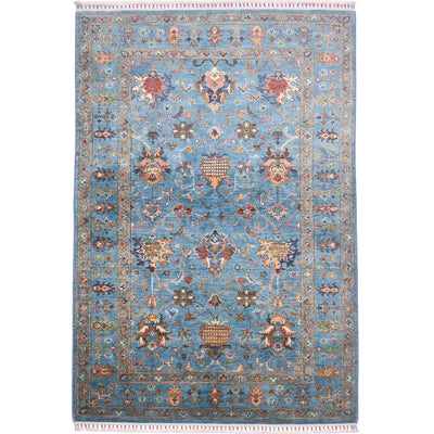 Hand-knotted Afghan Blue Sultani rug with contrasting all over floral design with persian motifs and palmettes. Cerulean blue colour field.