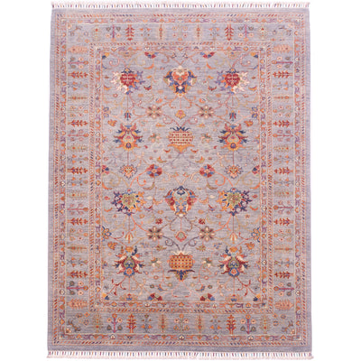 Grey- bluish toned Sultani carpet with all over contrasting floral pattern with detail touches of rust, orange, green and blue with tradtional classic design and stylised flower border.