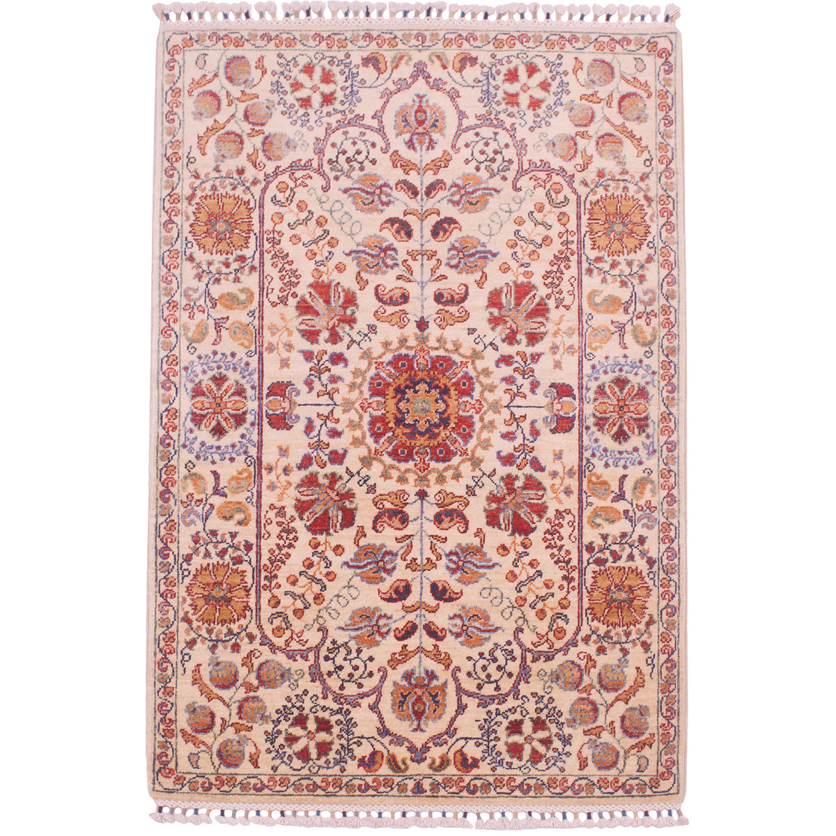 This handmade Afghan Suzani design rug has a cream ground with elaborate floral pattern.