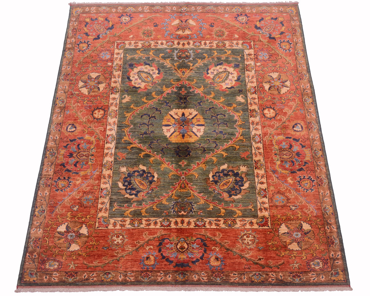 A rectangular Afghan Suzani design handmade carpet with a traditional floral pattern, featuring a rust-red outer border, a muted green central field, and cream and blue accents.