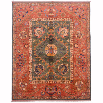 Afghan Suzani design handmade carpet with green field with floral pattern & wide terracotta-rust border.