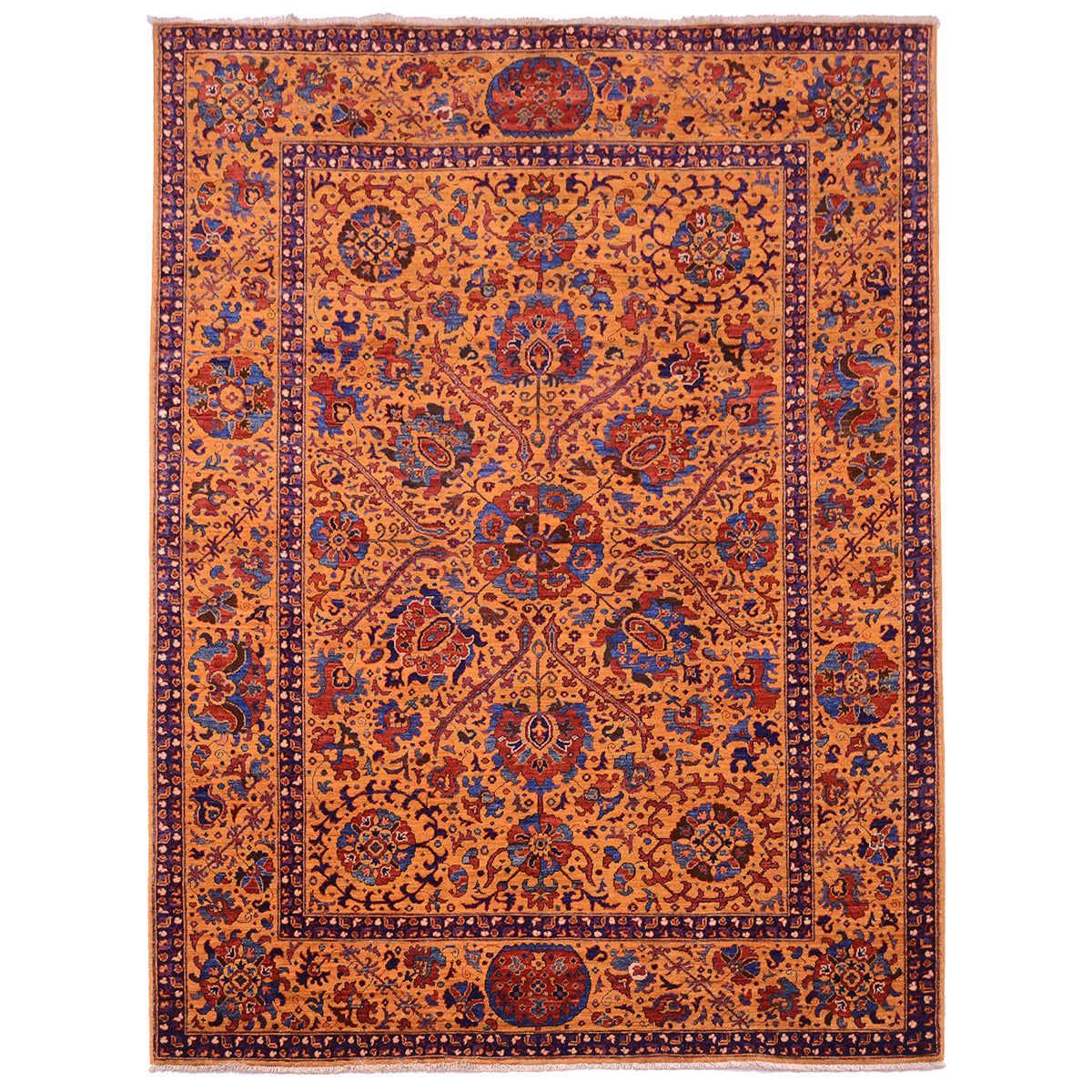Very fine handmade Suzani rug with amber ground and floral design.