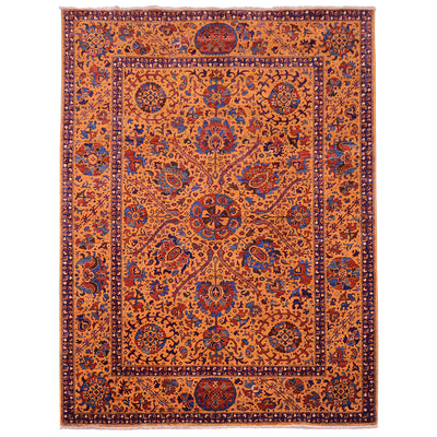 Very fine handmade Suzani rug with amber ground and floral design.