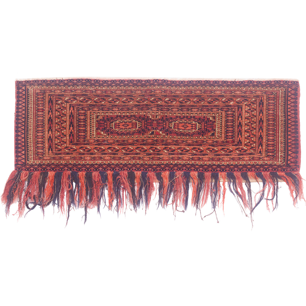 Antique Tekke Torba with 2 gul central design and fringed bottom long side.