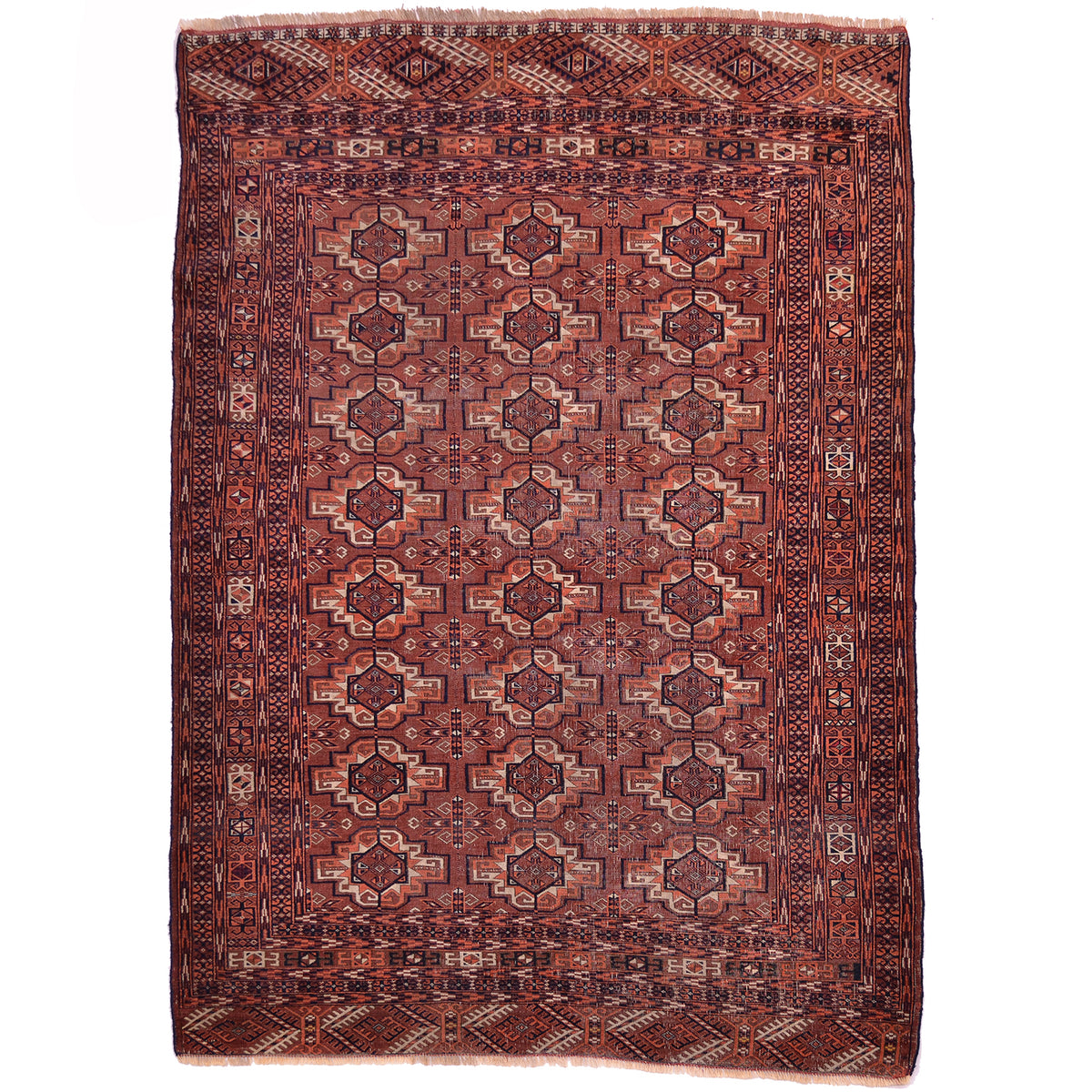 Fine antique Tekke rug, brown with soft orange and beige; geometric all over design of 24 guls.