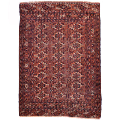 Fine antique Tekke rug, brown with soft orange and beige; geometric all over design of 24 guls.