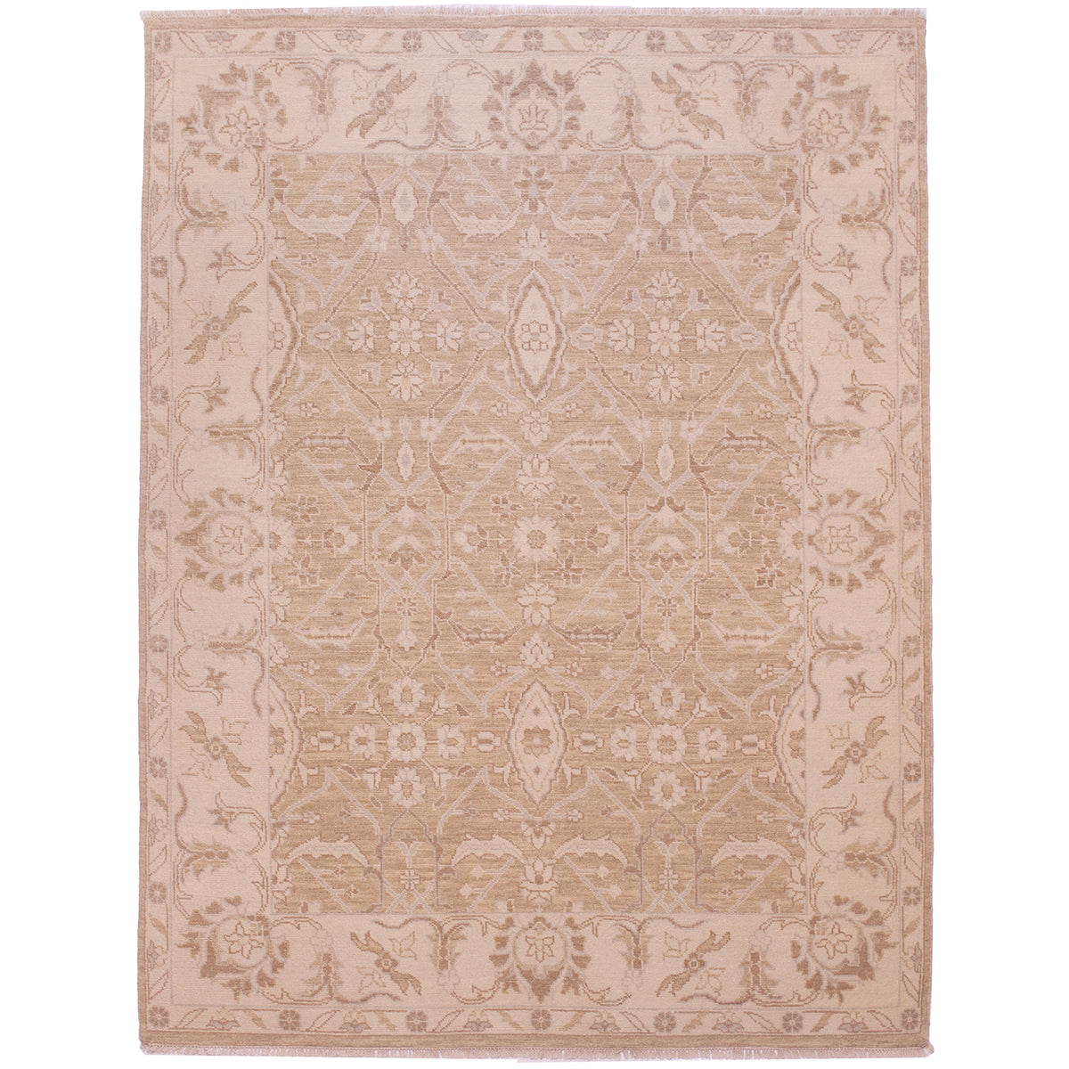 Understated floral design Tonal carpet from India in gold with beige border.