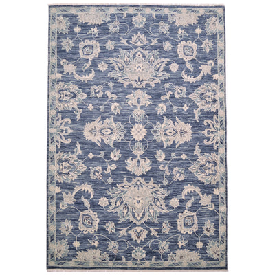 Elegant floral design Indian Tonal rug in dark blue and cream tones.