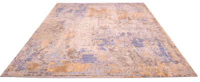 Overall view of handknotted Indian carpet with abstract design with matte wool and shiny soft golden light pure silk. Pure silk areas also handknotted and handcut in light blue and mid-blue tonalities.