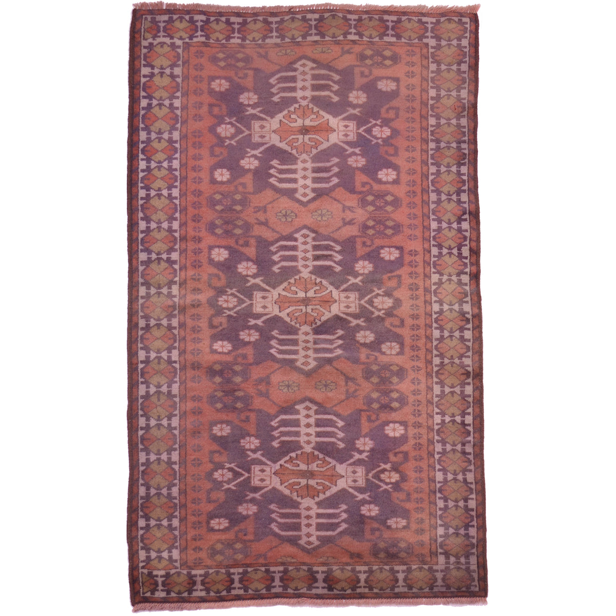 Vintage Kars rug with terracotta, purple-blue, cream and green tones. Geometric 3 medallion design.
