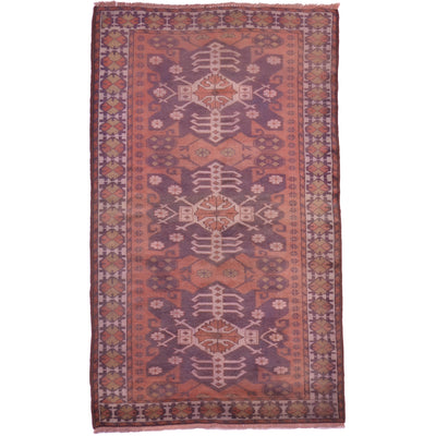 Vintage Kars rug with terracotta, purple-blue, cream and green tones. Geometric 3 medallion design.