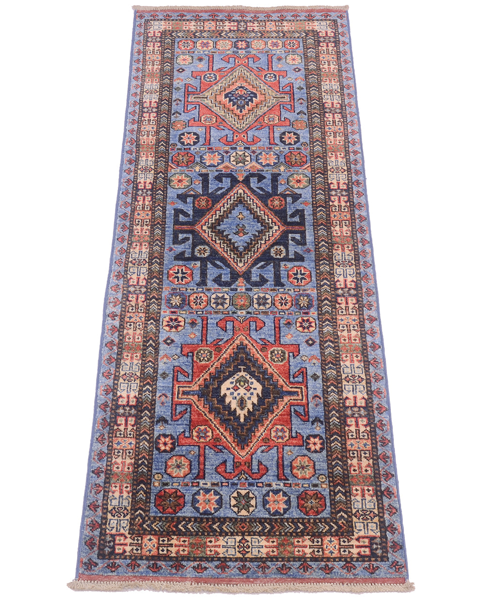 A traditional Afghan Turkmen tribal style runner rug with a complex geometric pattern in shades of blue, red, beige, and black, shown flat against a white background.