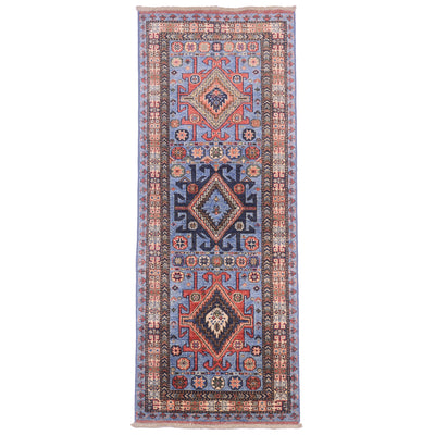 Handwoven Afghan Blue Turkmen tribal style runner: blue with triple medallion design.