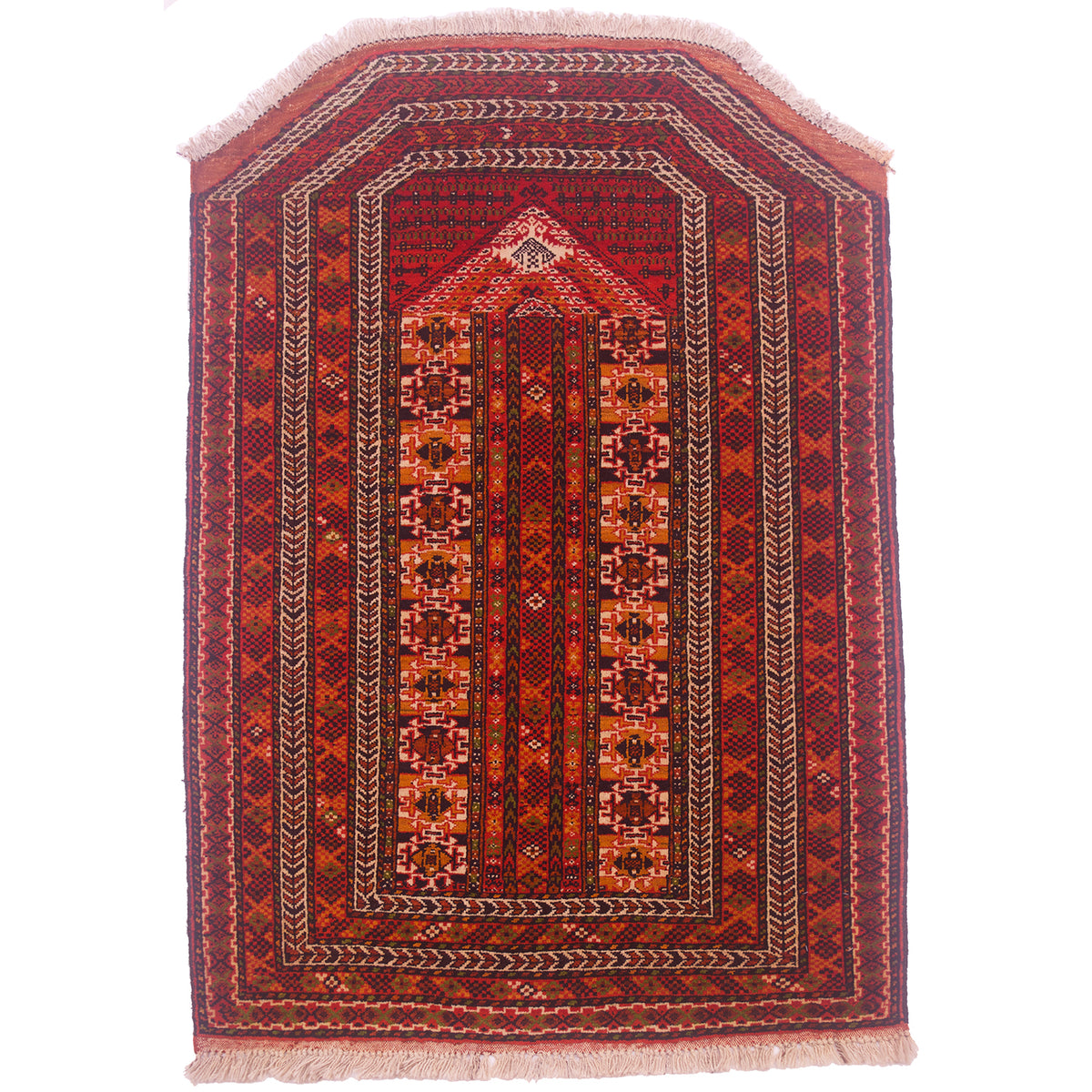 An unusual Turkoman Prayer Rug woven in an unusual shape with asymmetric design in rich colours of red, black, orange, green and cream.