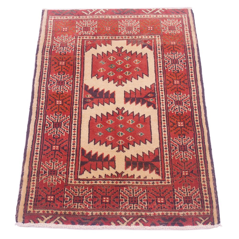 A traditional rectangular area rug mat with a red and beige geometric pattern, featuring a central field with diamond motifs and a patterned border.