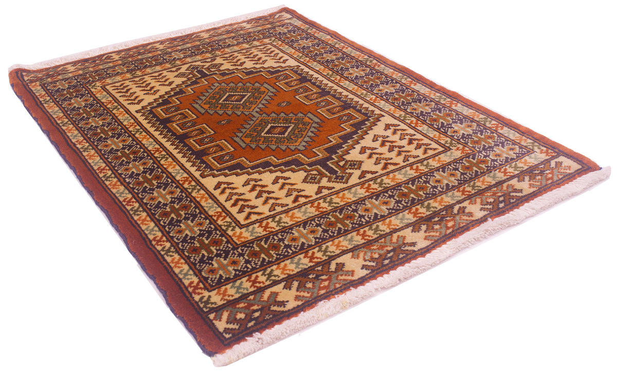 A traditional rectangular area rug mat with a geometric pattern, featuring a central medallion, multiple borders, and fringed edges, shown on a plain white background.