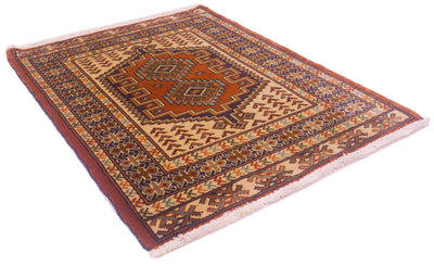 A traditional rectangular area rug mat with a geometric pattern, featuring a central medallion, multiple borders, and fringed edges, shown on a plain white background.