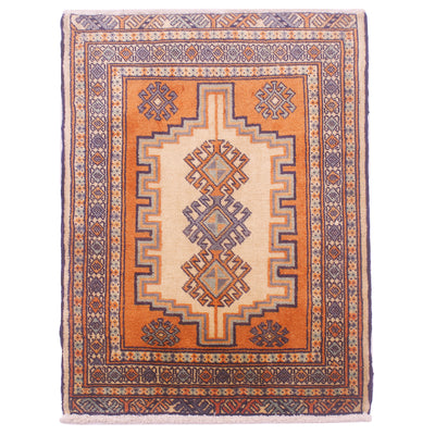 The primary colours of this handwoven Turkoman mat are cream & orange. The design is geometric with a triple medallion centrepiece.
