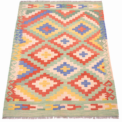 Handwoven kilim rug, rectangular, multicolor diamond and cross motifs with fringe