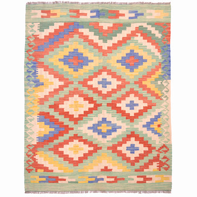 Handwoven kilim rug with multicolor geometric pattern and fringe edges