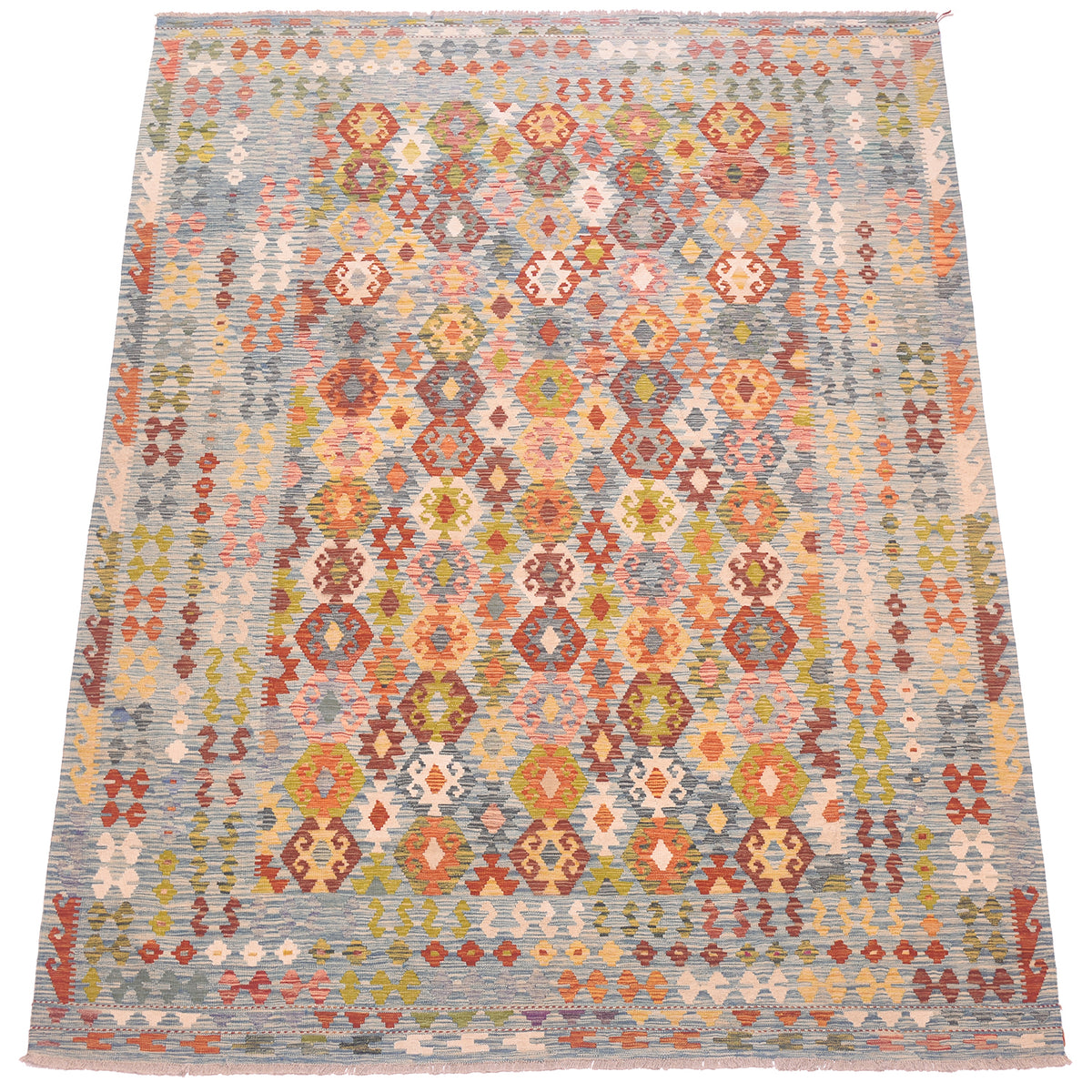 Large handwoven kilim rug with multicolor geometric pattern and orange border