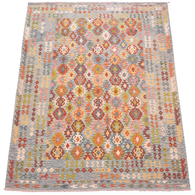 Large handwoven kilim rug with multicolor geometric pattern and orange border