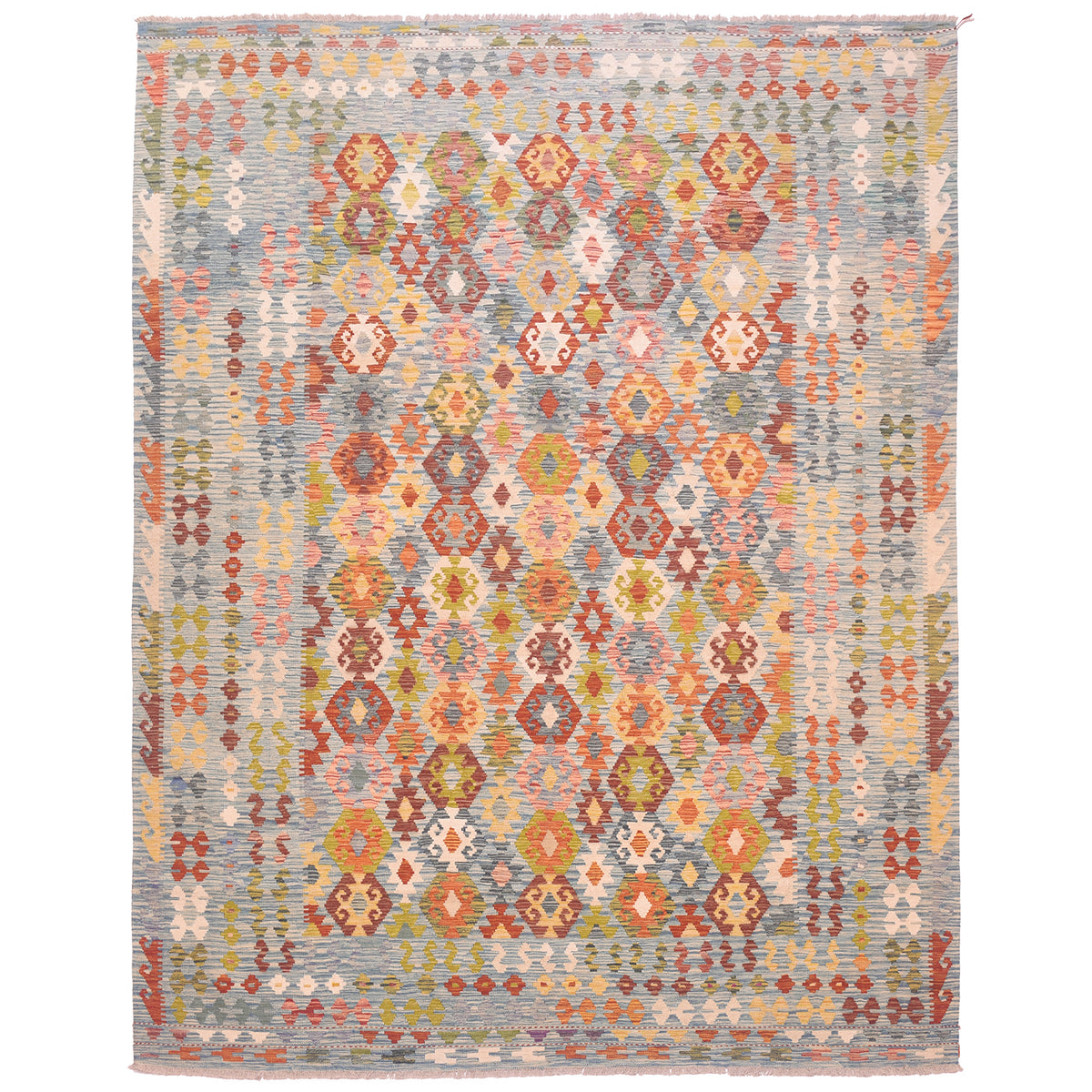 Large Handwoven Kilim from Afghanistan - turquoise with colourful all over geometric design.