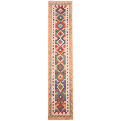 Handwoven Multicolour Kilim Long Runner with colours of soft orange, green, yellow, blue, red and cream.