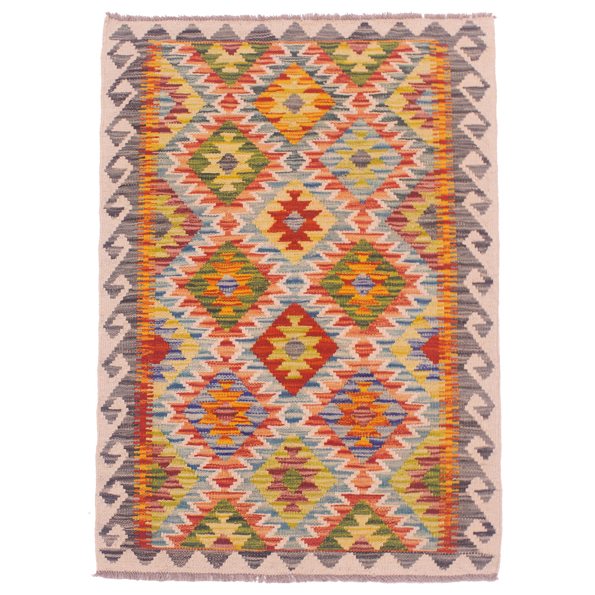 Multicolour Afghan Kilim rug - geometric all over pattern with grey and beige border